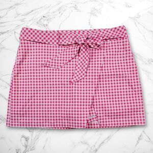 Crown & Ivy Women's Buffalo Plaid Skort Size 14  Pink Wrap Bow Belt Preppy
